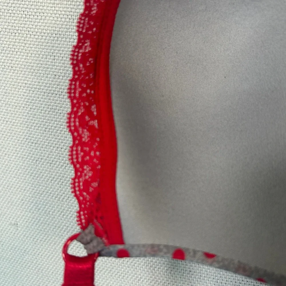 Victorias Secret Push-Up Bra 34C Gray Red Polka Dot Lace Trim Underwire Padded